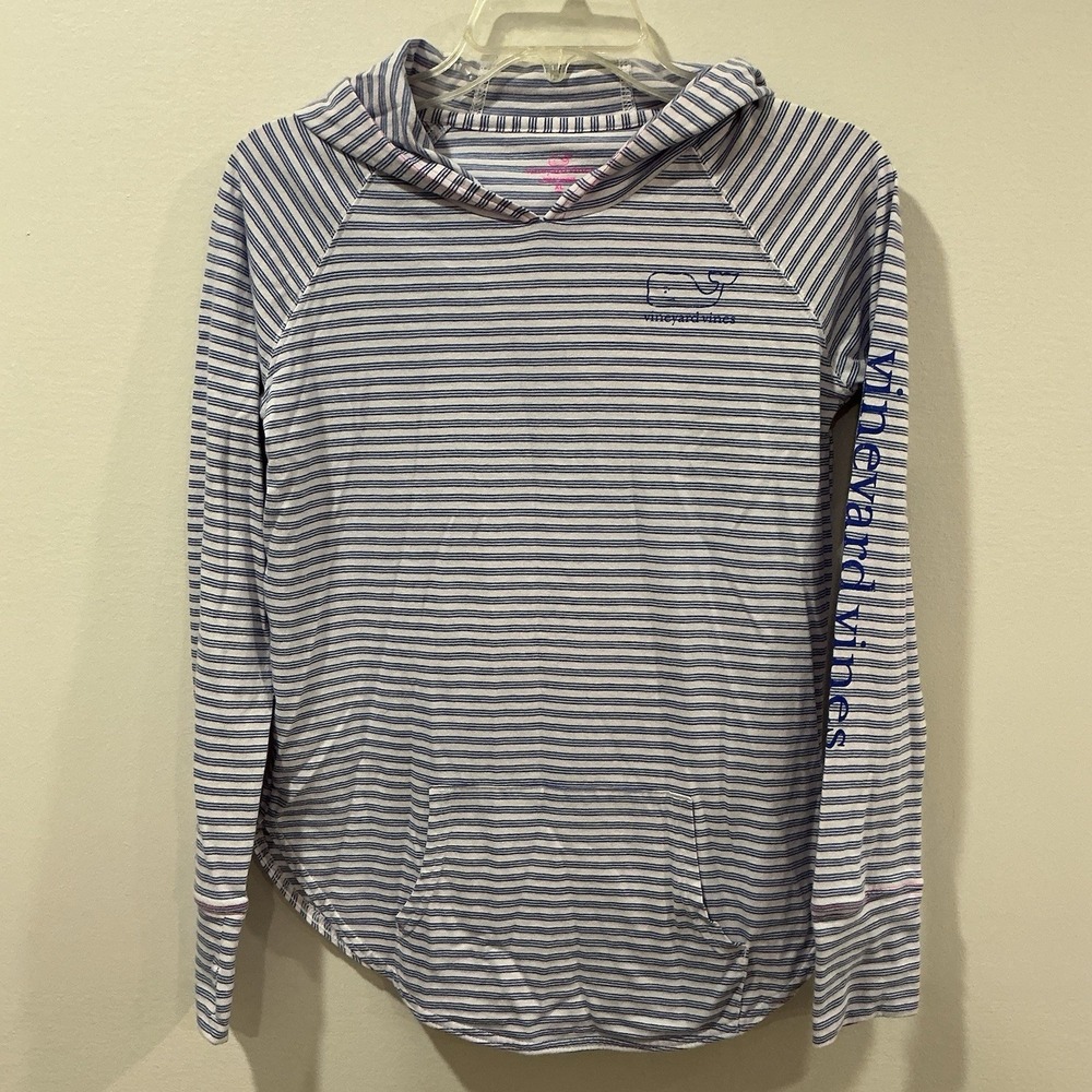 Vineyard Vines Girls Striped Whale Logo Hooded Long Sleeve T-Shirt Size XL Coast